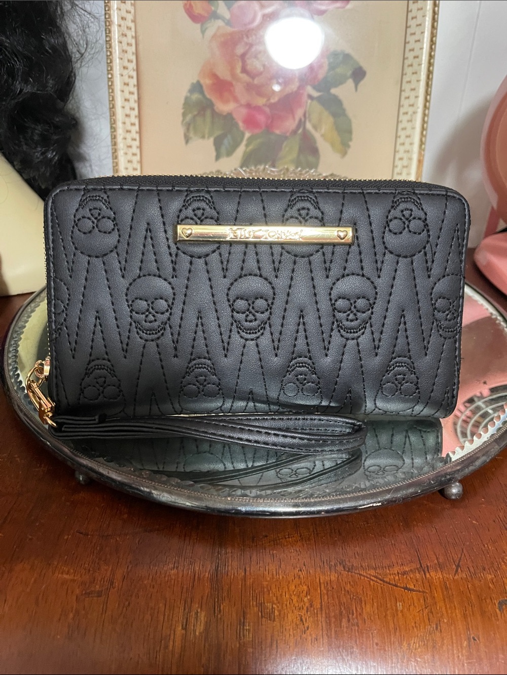 Betsey Johnson Black Quilted Skull Zip-Around Wristlet Wallet